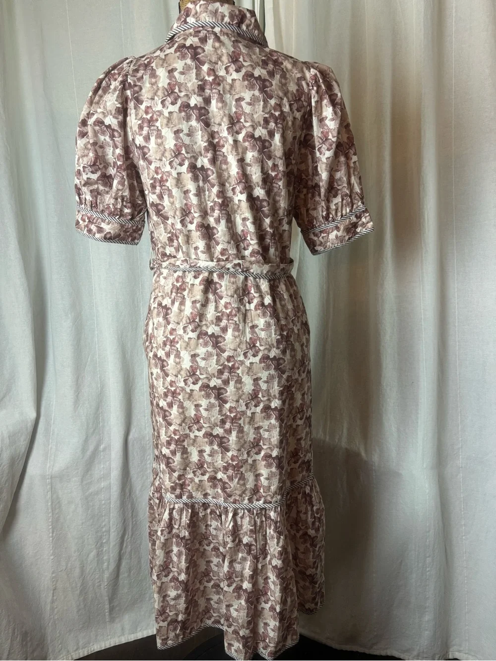 Entro Midnight Mist Brown Floral Midi Dress Shirtwaist Belted Pockets Sz Small